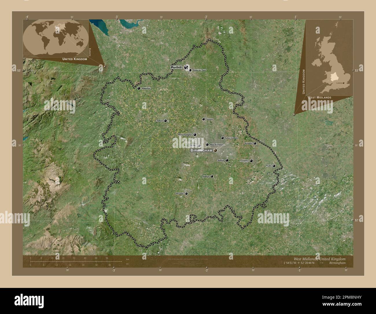 West Midlands, regione del Regno Unito. Mappa satellitare a bassa risoluzione. Località e nomi delle principali città della regione. Posizione ausiliaria angolo ma Foto Stock