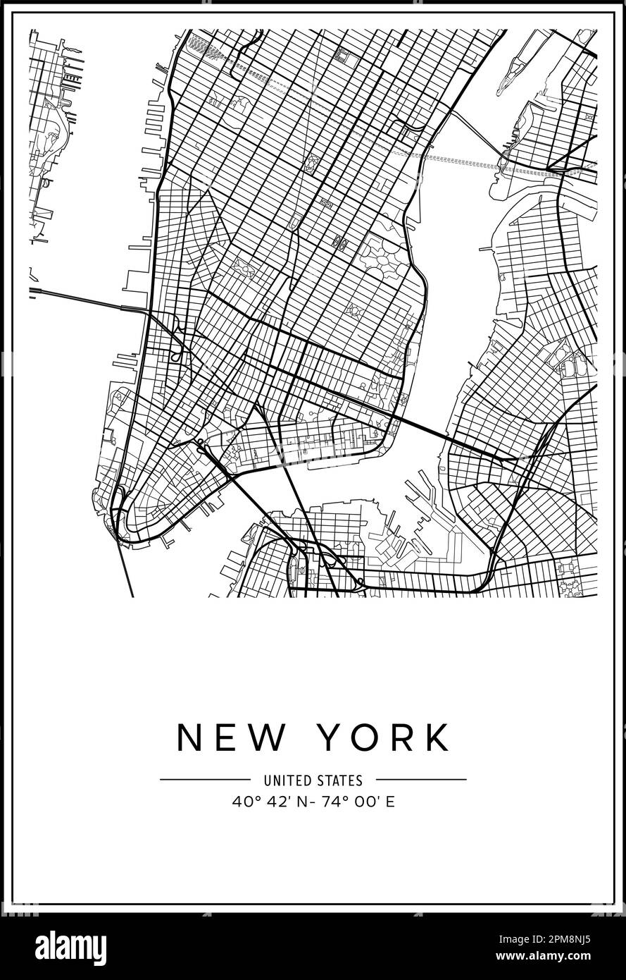 Mappa stampabile in bianco e nero della città di New York, poster design, vettoriale. Illustrazione Vettoriale