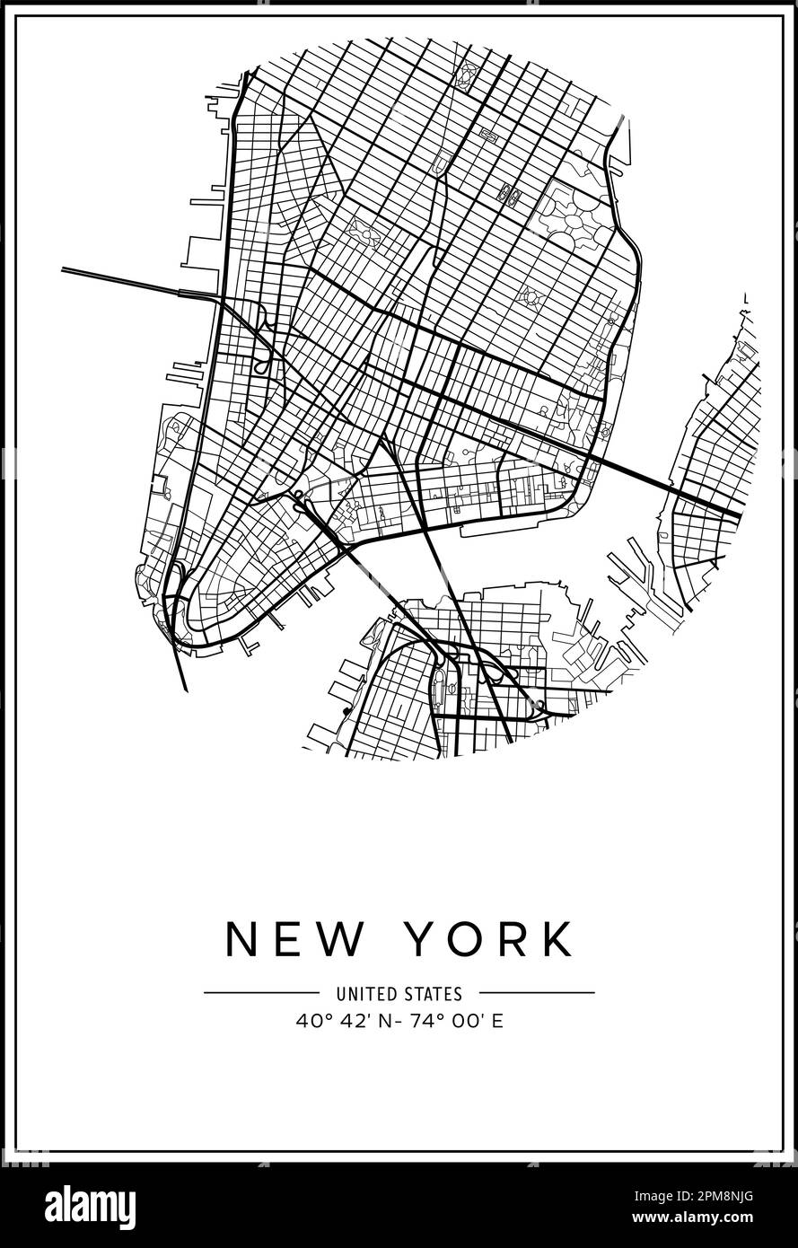Mappa stampabile in bianco e nero della città di New York, poster design, vettoriale. Illustrazione Vettoriale