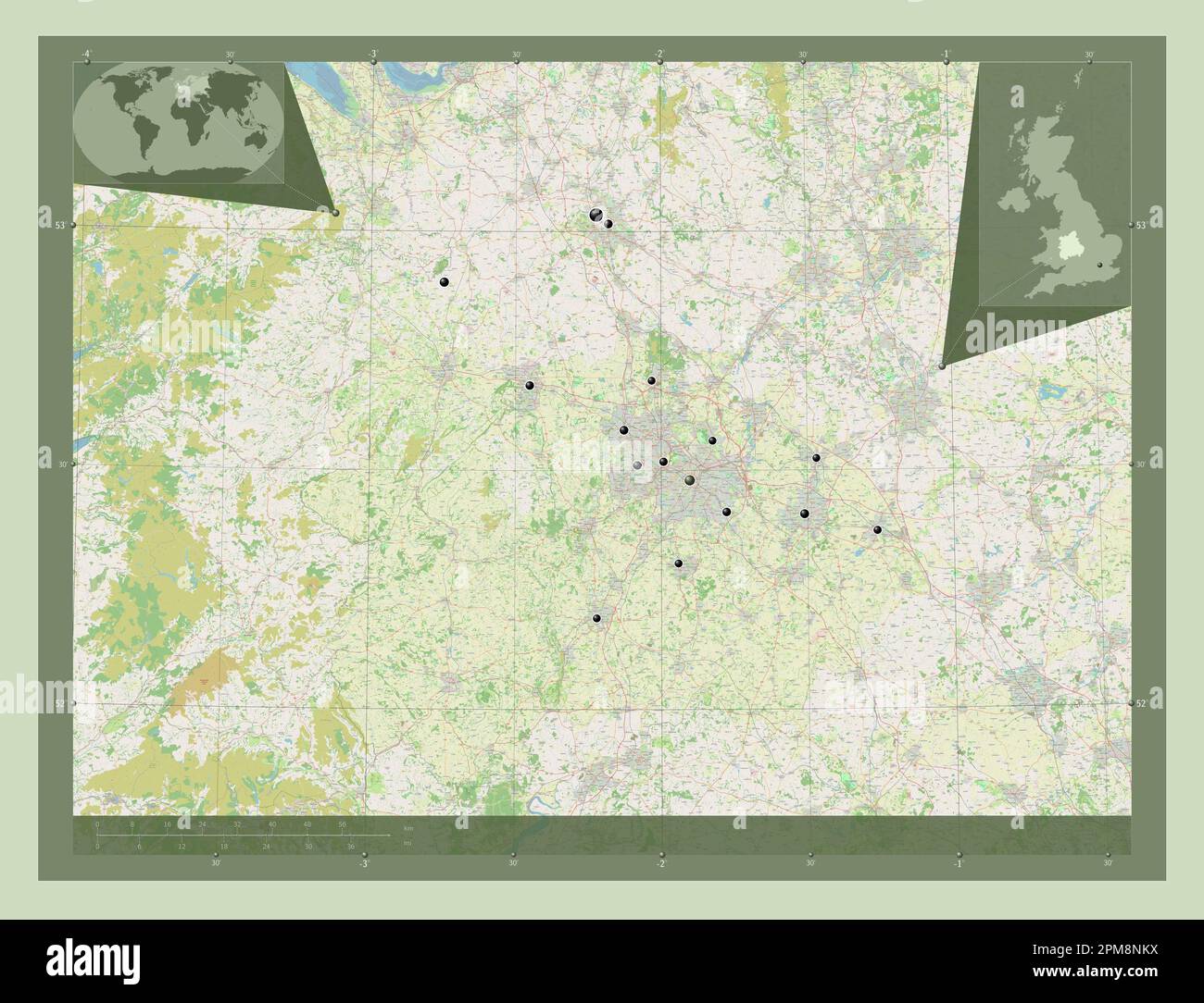 West Midlands, regione del Regno Unito. Aprire la mappa stradale. Posizioni delle principali città della regione. Mappe delle posizioni ausiliarie degli angoli Foto Stock