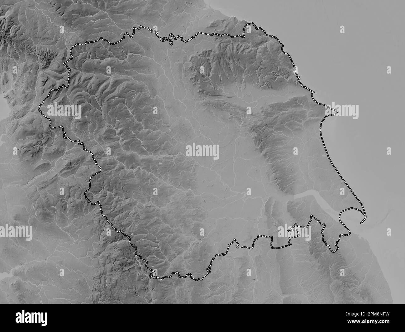 Yorkshire e Humber, regione del Regno Unito. Mappa in scala di grigi con laghi e fiumi Foto Stock