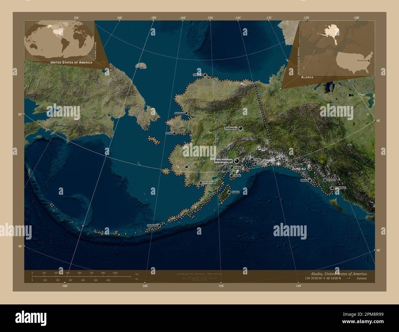 Alaska, stato degli Stati Uniti d'America. Mappa satellitare a bassa risoluzione. Località e nomi delle principali città della regione. Posizione ausiliaria ad angolo Foto Stock