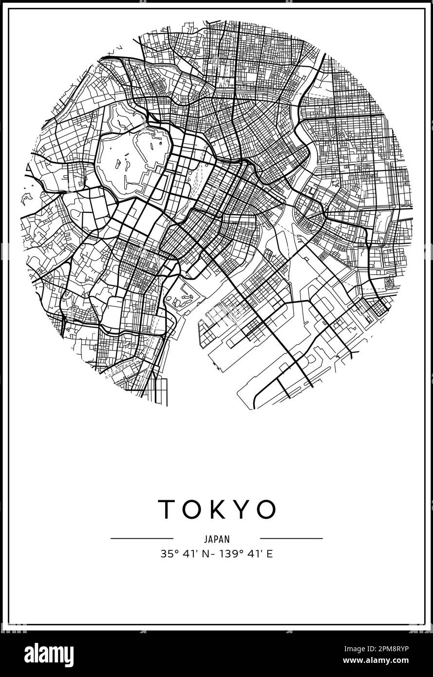 Mappa stampabile in bianco e nero della città di Tokyo, poster design, vettoriale. Illustrazione Vettoriale