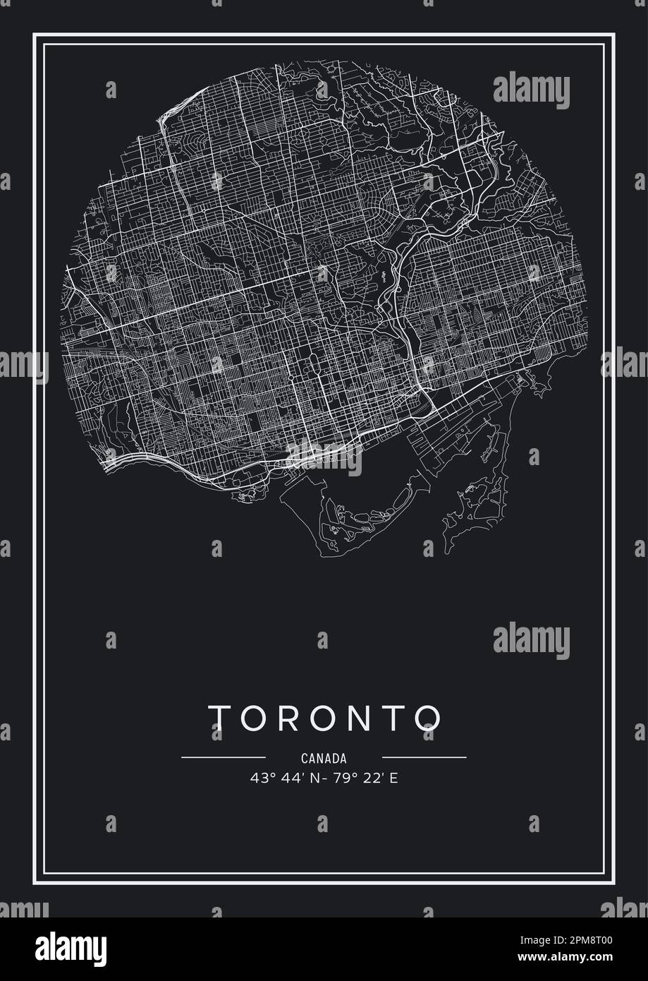 Mappa stampabile in bianco e nero della città di Toronto, poster design, vettoriale. Illustrazione Vettoriale