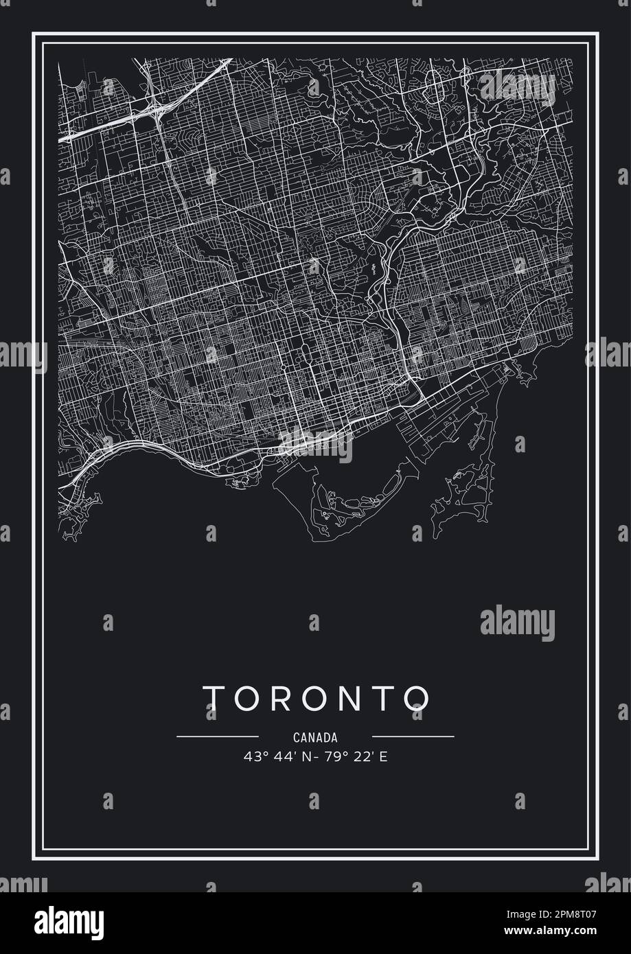 Mappa stampabile in bianco e nero della città di Toronto, poster design, vettoriale. Illustrazione Vettoriale