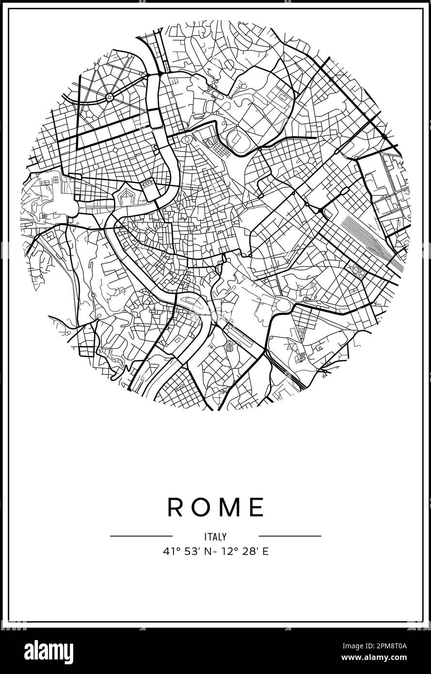 Mappa stampabile in bianco e nero della città di Roma, poster design, vettoriale. Illustrazione Vettoriale