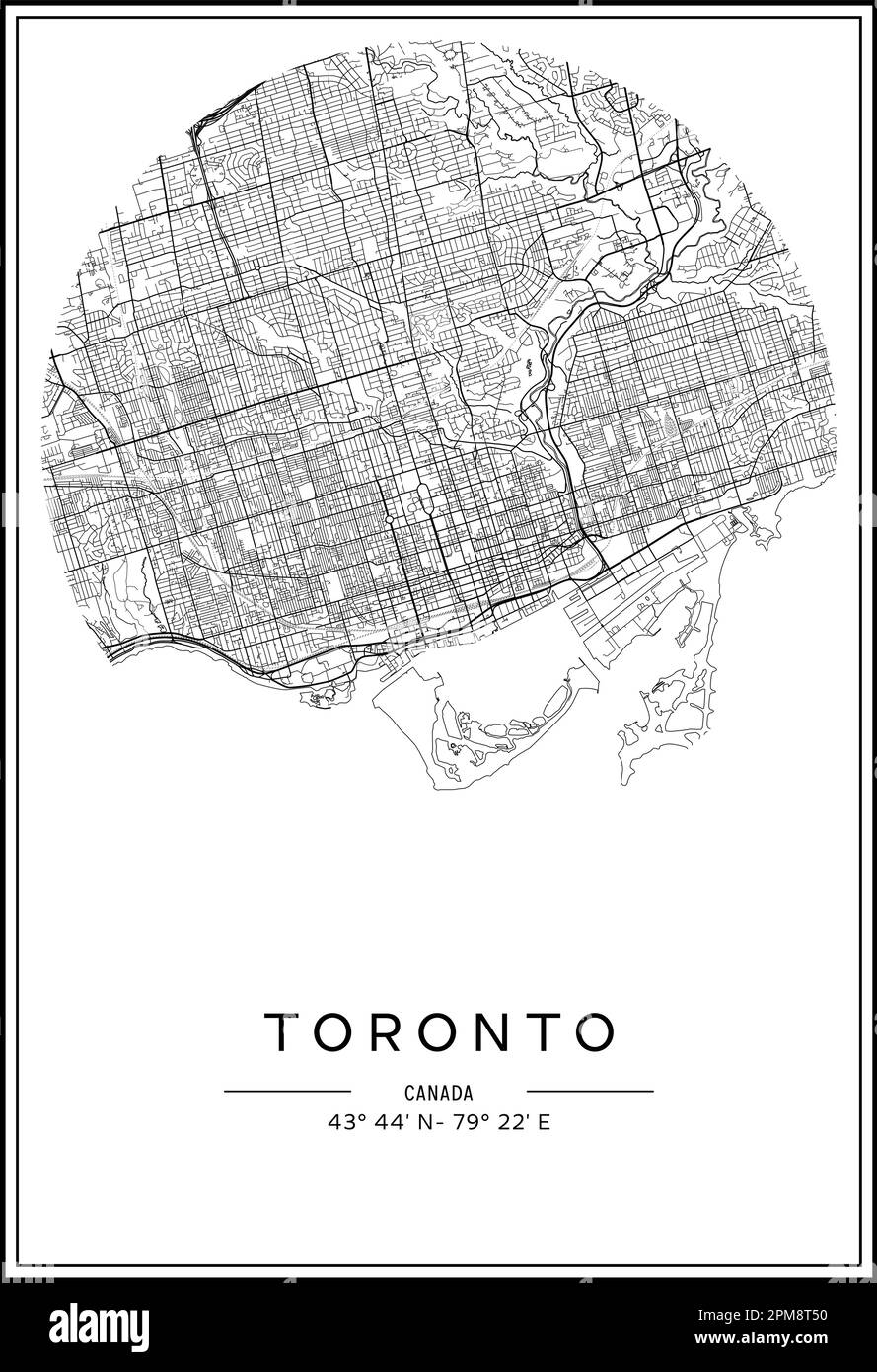 Mappa stampabile in bianco e nero della città di Toronto, poster design, vettoriale. Illustrazione Vettoriale