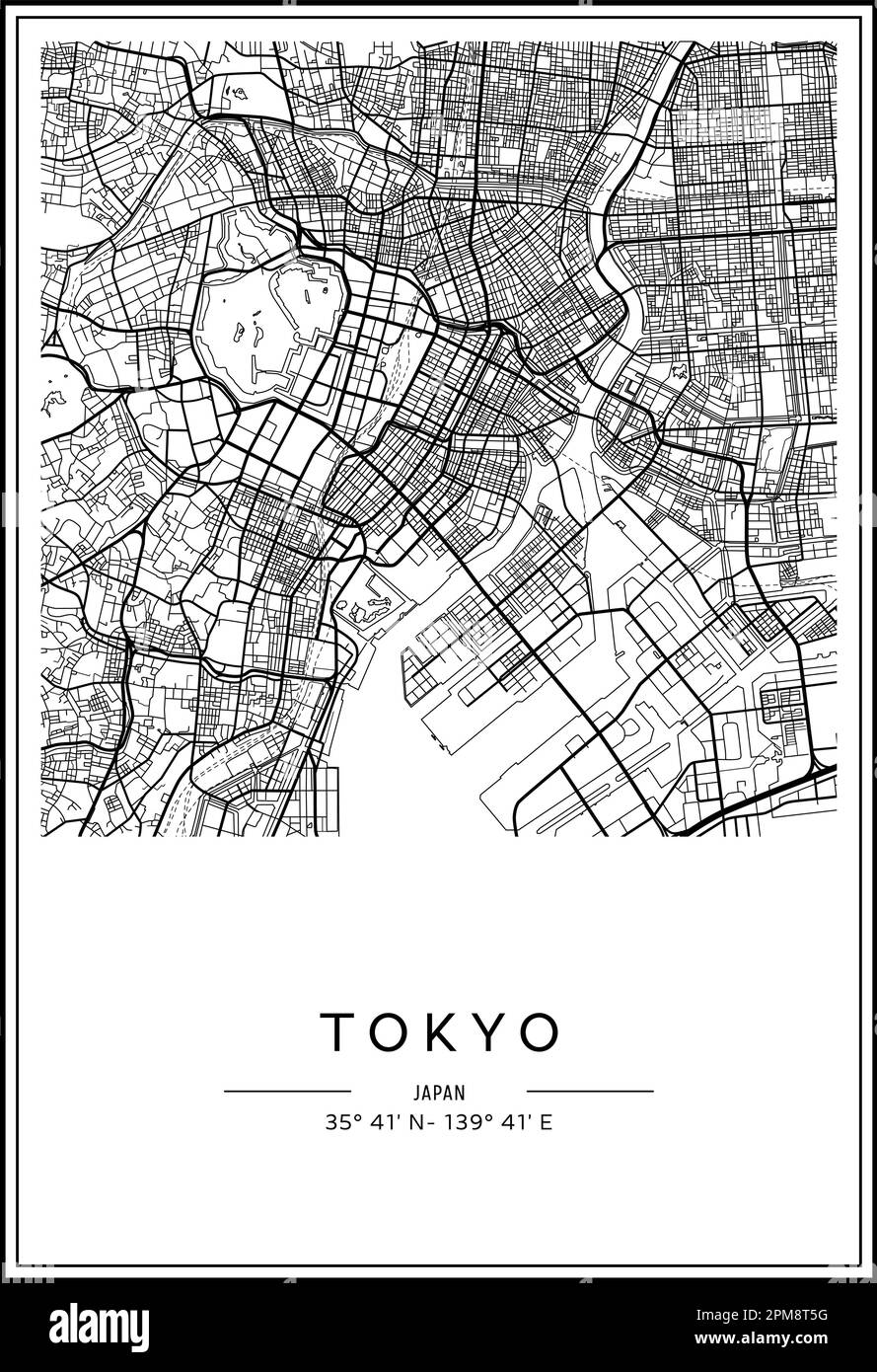 Mappa stampabile in bianco e nero della città di Tokyo, poster design, vettoriale. Illustrazione Vettoriale
