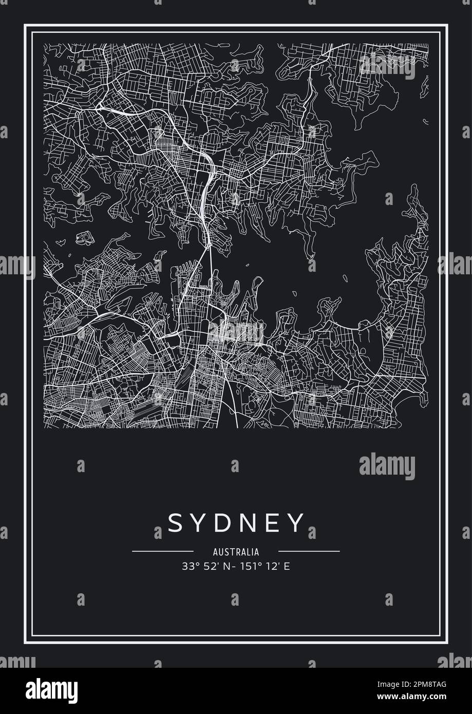 Mappa stampabile in bianco e nero della città di Sydney, poster design, vettoriale. Illustrazione Vettoriale