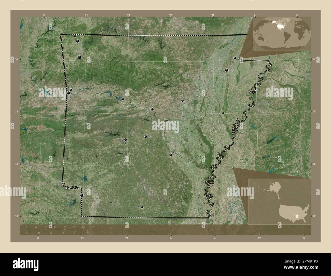 Arkansas, stato degli Stati Uniti d'America. Mappa satellitare ad alta risoluzione. Posizioni delle principali città della regione. Mappe delle posizioni ausiliarie degli angoli Foto Stock