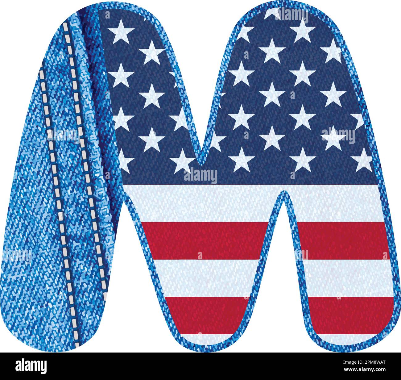 Lettera M con la texture del tessuto denim blu e bandiera degli Stati Uniti - il monogramma M con tessuto jean e bandiera americana - lettera dell'alfabeto tessuto jean Vector Dalla A alla Z Illustrazione Vettoriale
