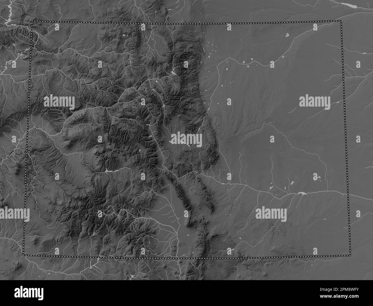 Colorado, stato degli Stati Uniti d'America. Mappa in scala di grigi con laghi e fiumi Foto Stock