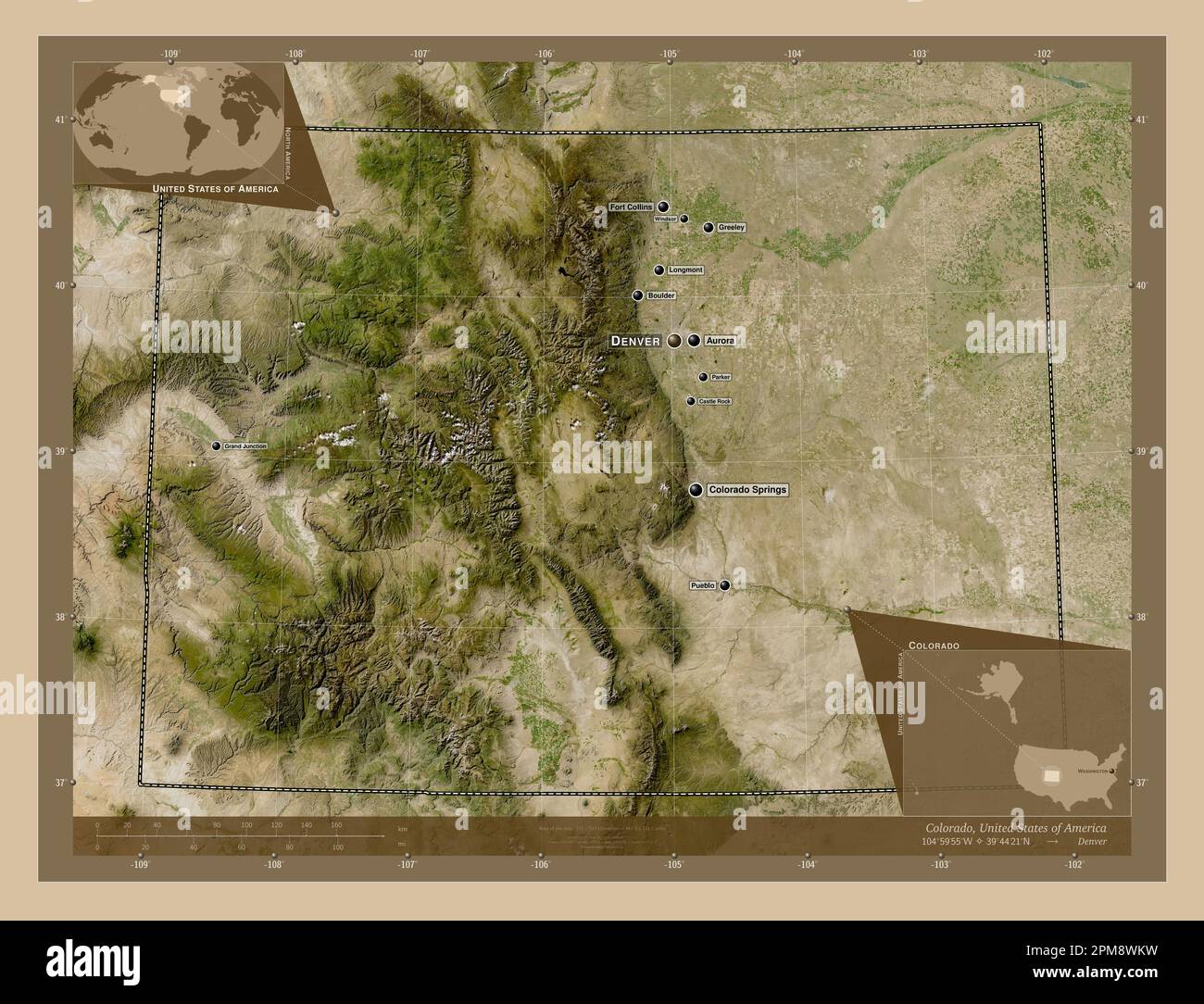 Colorado, stato degli Stati Uniti d'America. Mappa satellitare a bassa risoluzione. Località e nomi delle principali città della regione. Posizione ausiliaria angolo Foto Stock