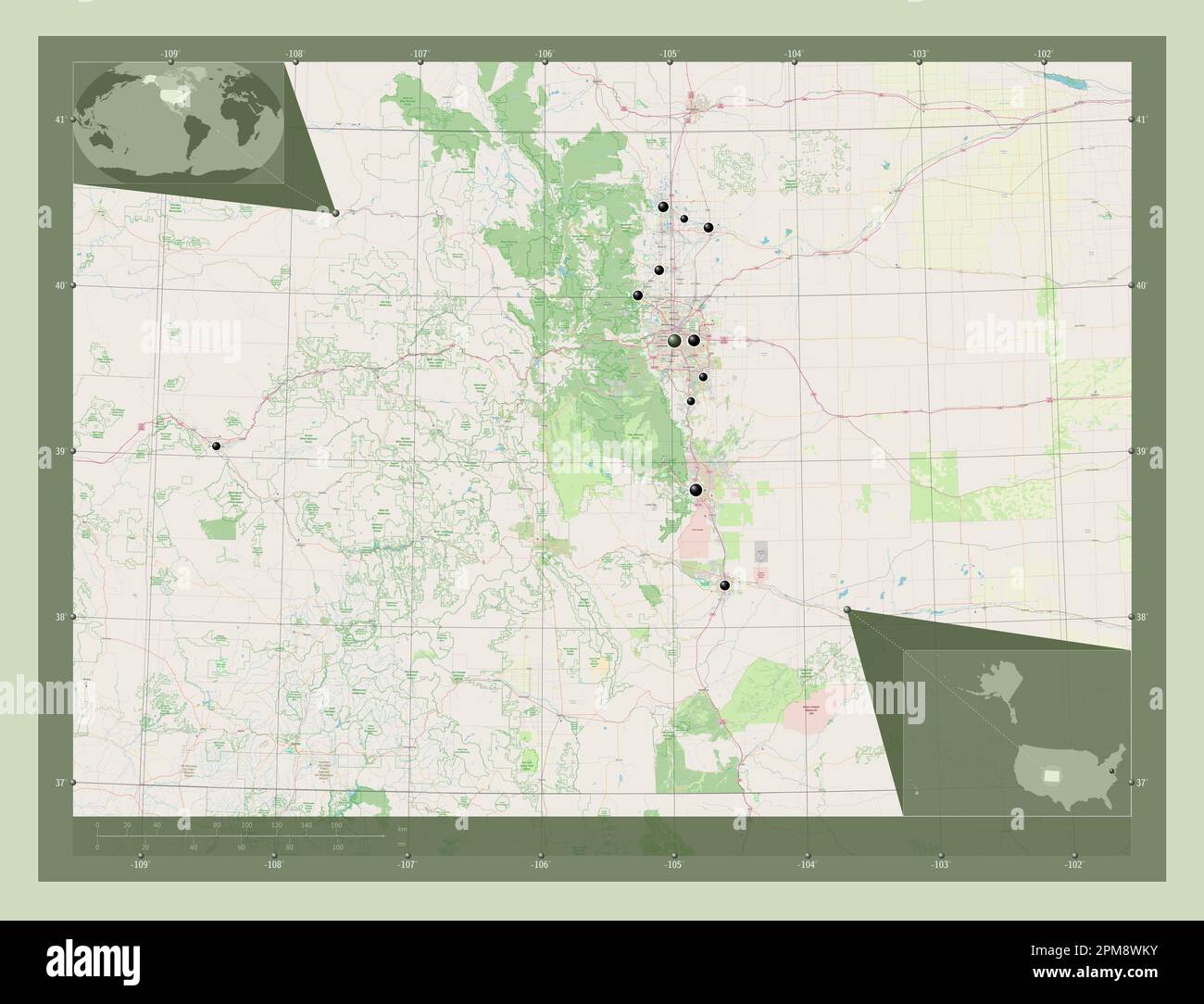 Colorado, stato degli Stati Uniti d'America. Aprire la mappa stradale. Posizioni delle principali città della regione. Mappe delle posizioni ausiliarie degli angoli Foto Stock