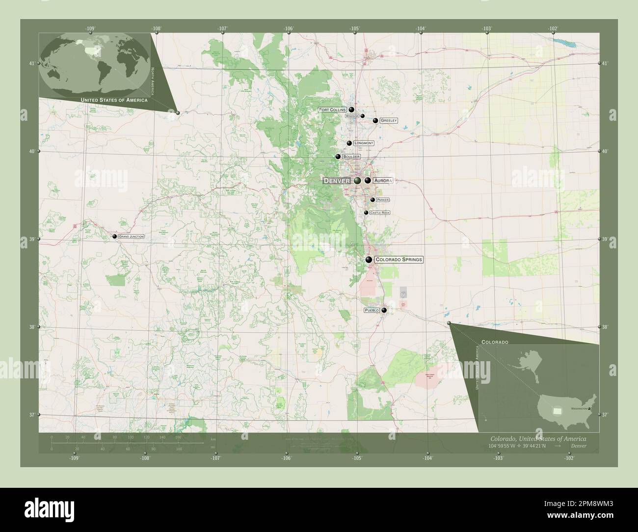 Colorado, stato degli Stati Uniti d'America. Aprire la mappa stradale. Località e nomi delle principali città della regione. Mappe delle posizioni ausiliarie degli angoli Foto Stock