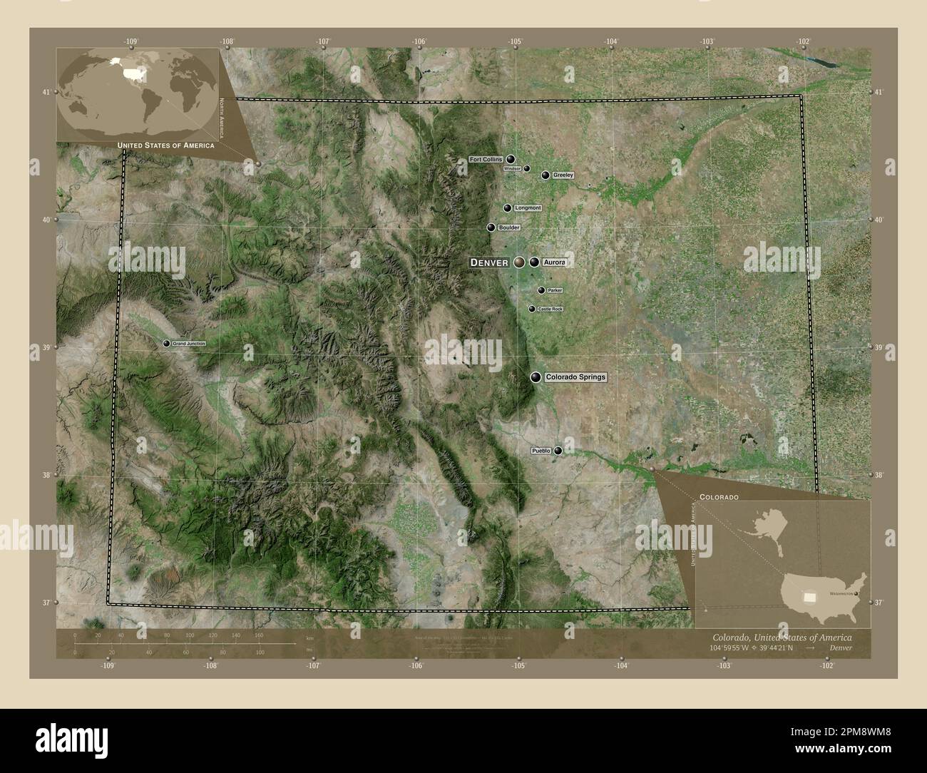 Colorado, stato degli Stati Uniti d'America. Mappa satellitare ad alta risoluzione. Località e nomi delle principali città della regione. Posizione ausiliaria d'angolo Foto Stock