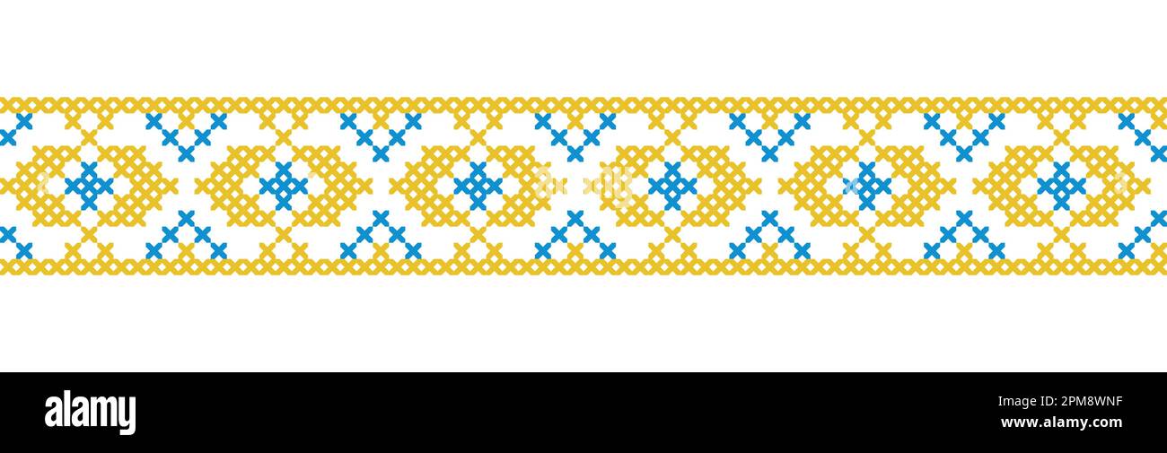Ornamento ucraino nei colori giallo e blu. Ornamento vettoriale geometrico ucraino, bordo, motivo. Pixel art, tradizionale ricamo vyshyvanka Illustrazione Vettoriale