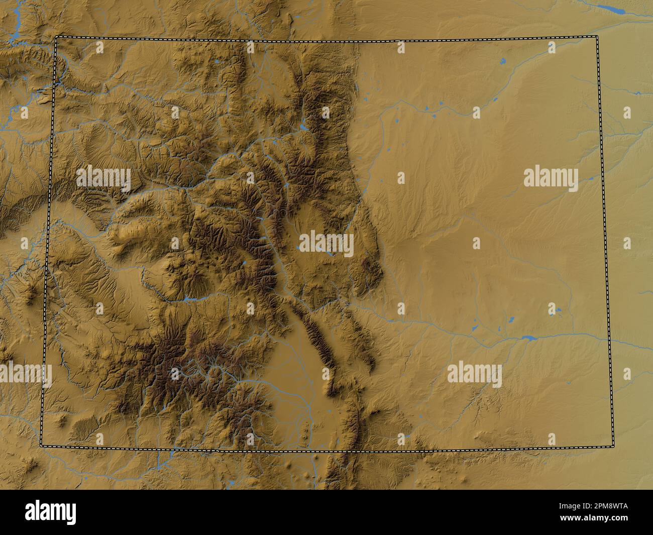 Colorado, stato degli Stati Uniti d'America. Mappa di altitudine colorata con laghi e fiumi Foto Stock