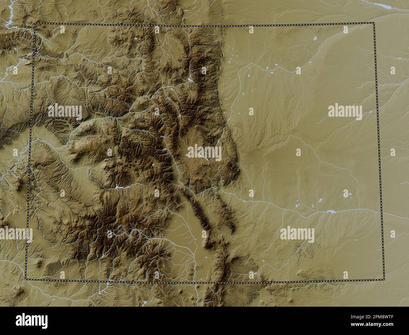 Colorado, stato degli Stati Uniti d'America. Mappa dell'altitudine colorata in stile wiki con laghi e fiumi Foto Stock