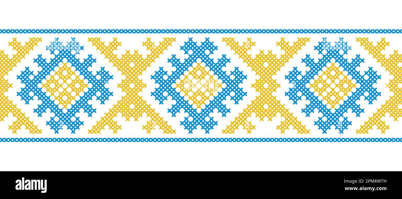 Ornamento vettoriale geometrico ucraino, bordo, motivo. Ricamo tradizionale ucraino. Ornamento nei colori giallo e blu. Pixel art, vyshyvanka Illustrazione Vettoriale