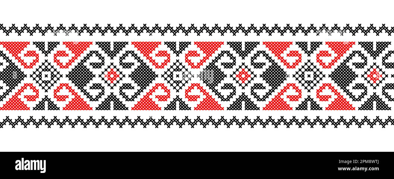 Ornamento vettoriale ucraino, confine, modello. Tradizionale ricamo geometrico ucraino. Ornamento nei colori rosso e nero. Pixel art, vyshyvanka, croce Illustrazione Vettoriale