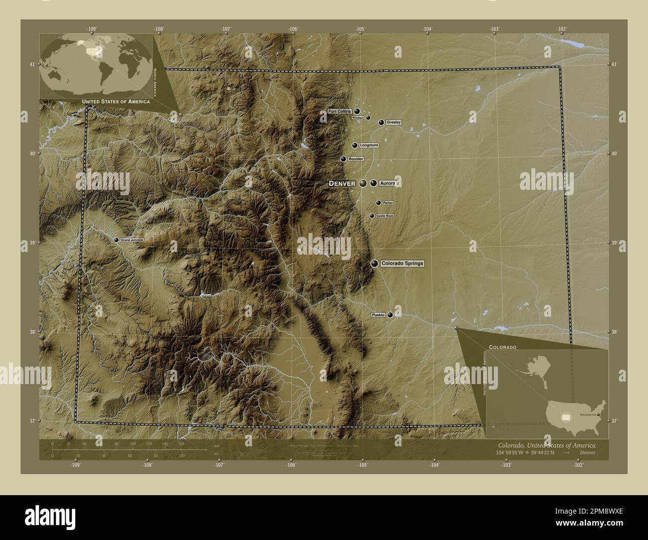 Colorado, stato degli Stati Uniti d'America. Mappa dell'altitudine colorata in stile wiki con laghi e fiumi. Località e nomi delle principali città del reg Foto Stock