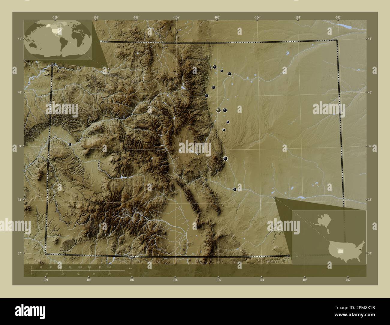 Colorado, stato degli Stati Uniti d'America. Mappa dell'altitudine colorata in stile wiki con laghi e fiumi. Posizioni delle principali città della regione. Corne Foto Stock