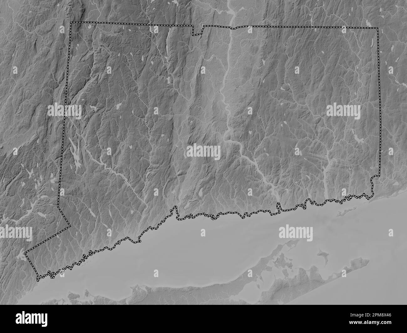 Connecticut, stato degli Stati Uniti d'America. Mappa in scala di grigi con laghi e fiumi Foto Stock