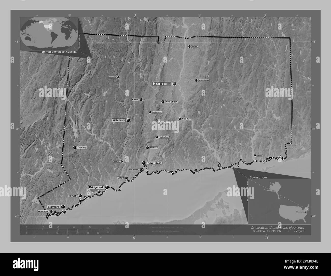 Connecticut, stato degli Stati Uniti d'America. Mappa in scala di grigi con laghi e fiumi. Località e nomi delle principali città della regione. Mais Foto Stock