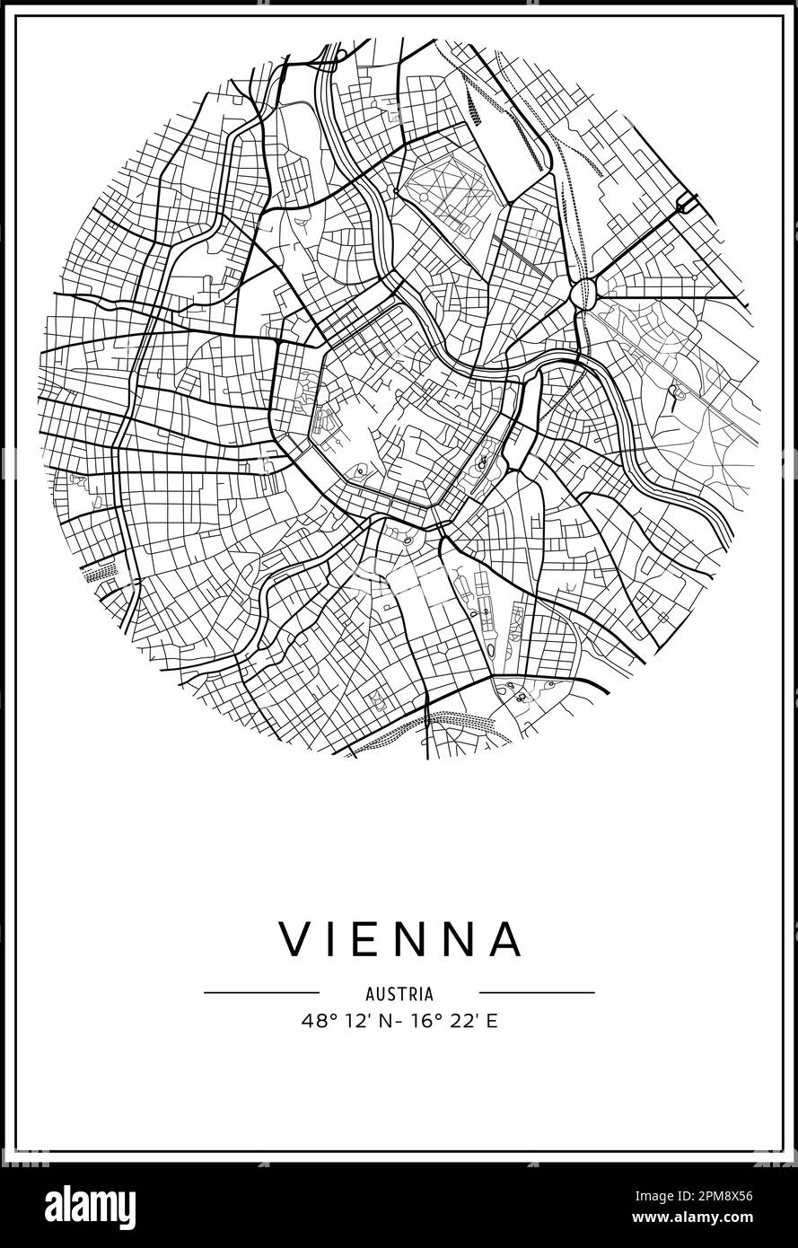Mappa stampabile in bianco e nero della città di Vienna, poster design, vettoriale. Illustrazione Vettoriale