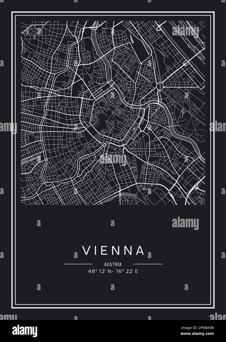 Mappa stampabile in bianco e nero della città di Vienna, poster design, vettoriale. Illustrazione Vettoriale