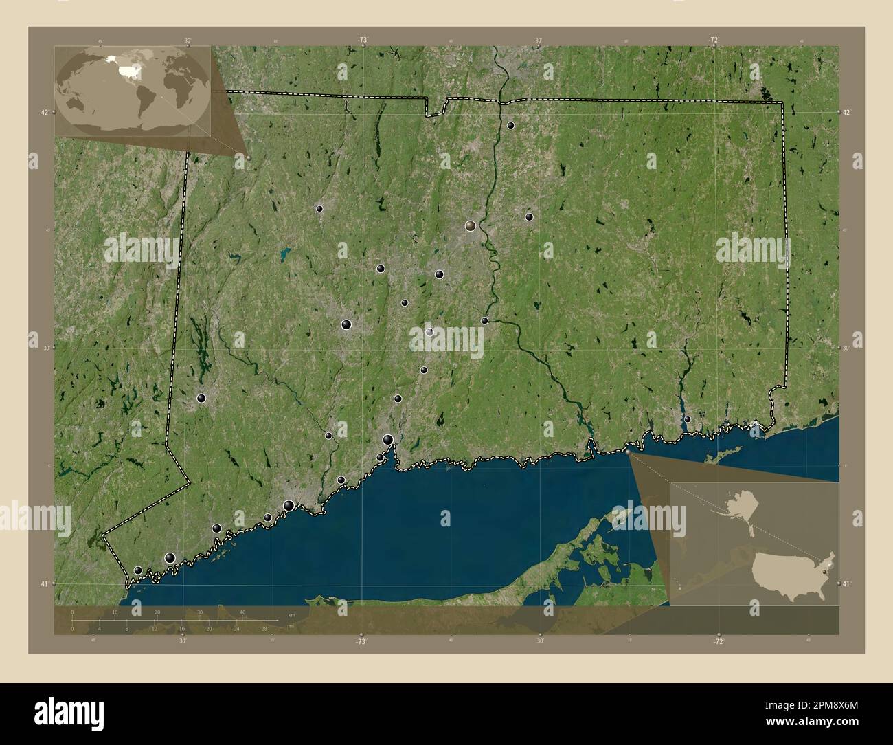 Connecticut, stato degli Stati Uniti d'America. Mappa satellitare ad alta risoluzione. Posizioni delle principali città della regione. Mappe delle posizioni ausiliarie degli angoli Foto Stock