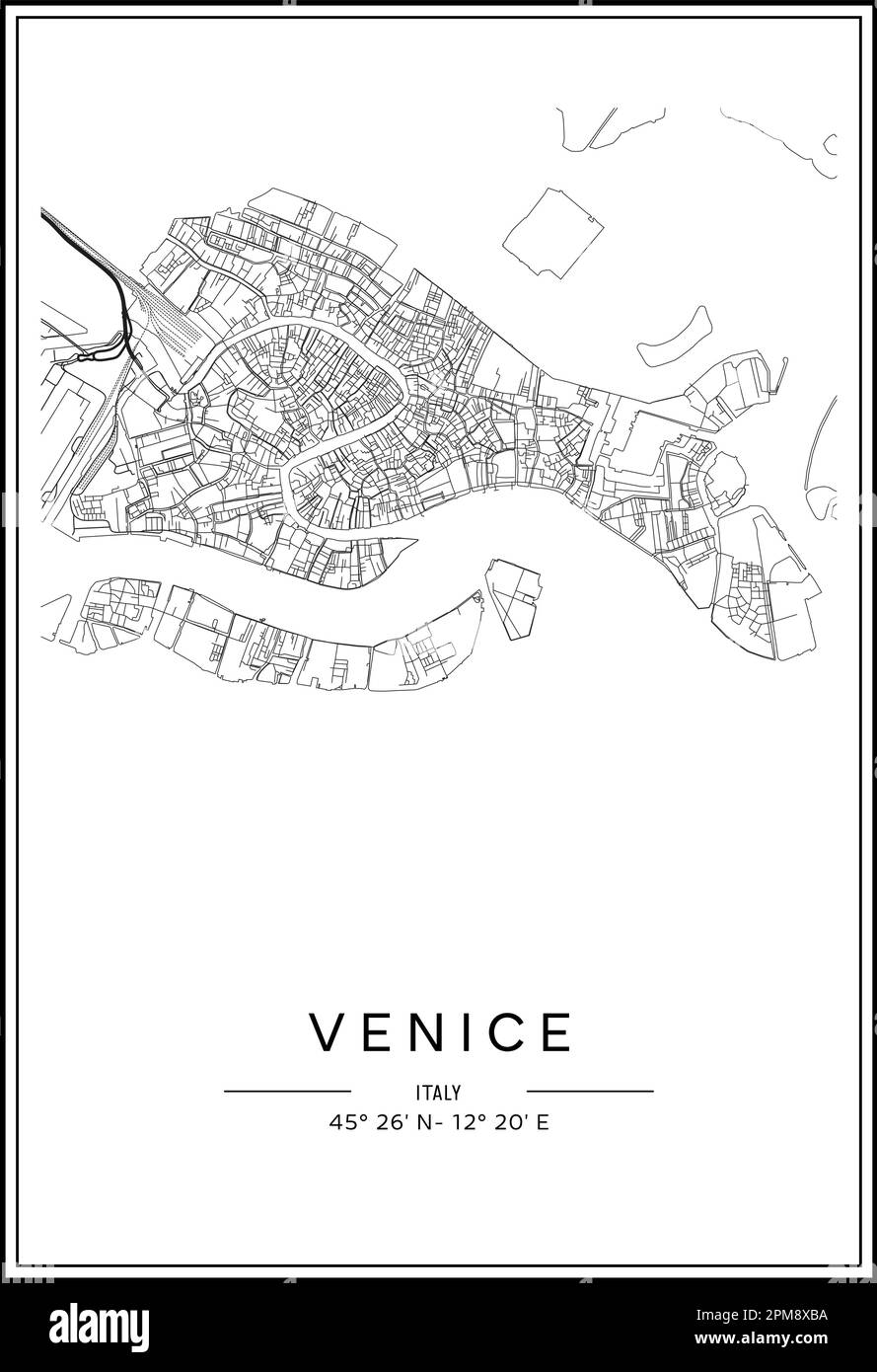 Mappa stampabile in bianco e nero della città di Venezia, poster design, vettoriale. Illustrazione Vettoriale