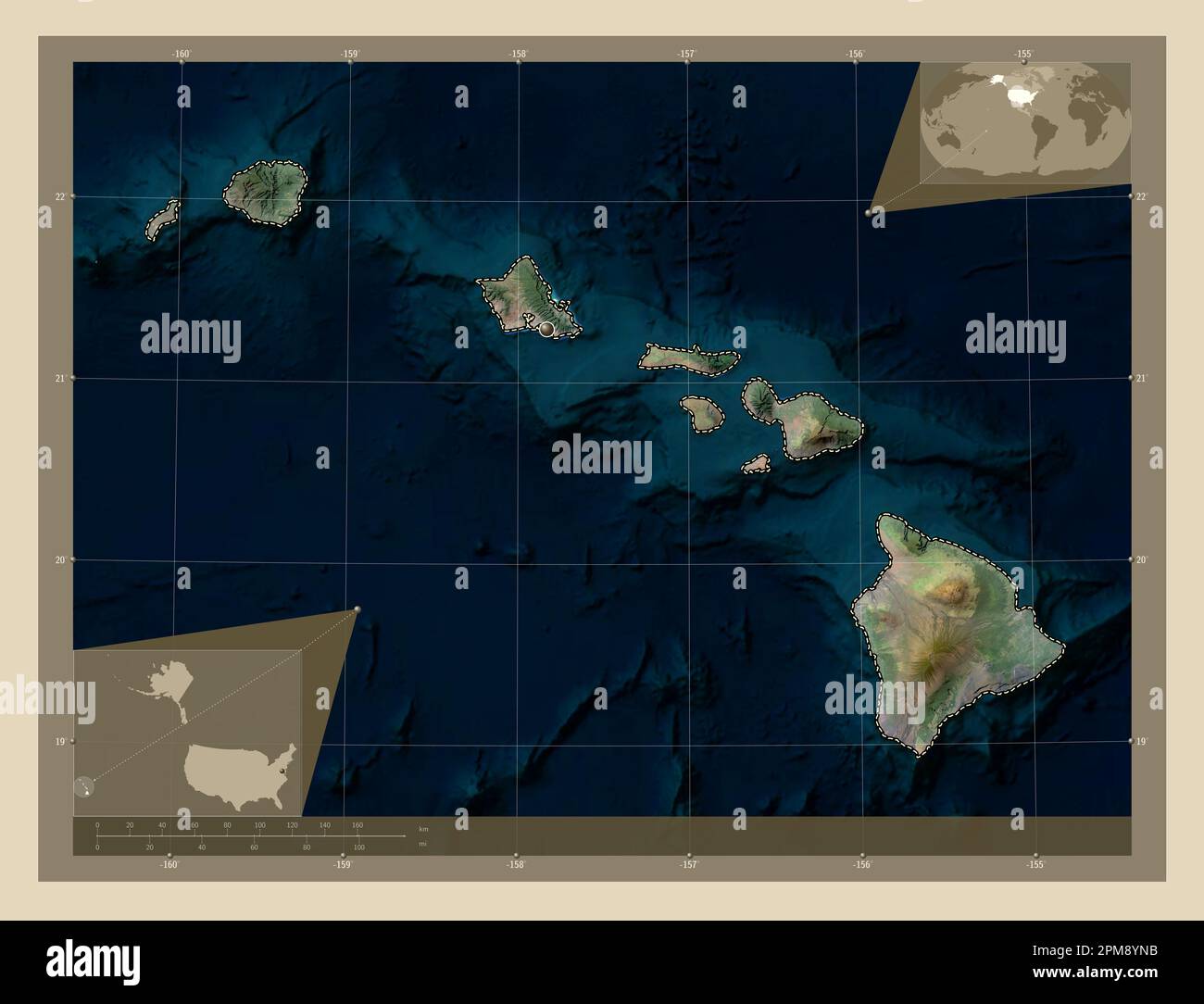 Hawaii, stato degli Stati Uniti d'America. Mappa satellitare ad alta risoluzione. Mappe delle posizioni ausiliarie degli angoli Foto Stock