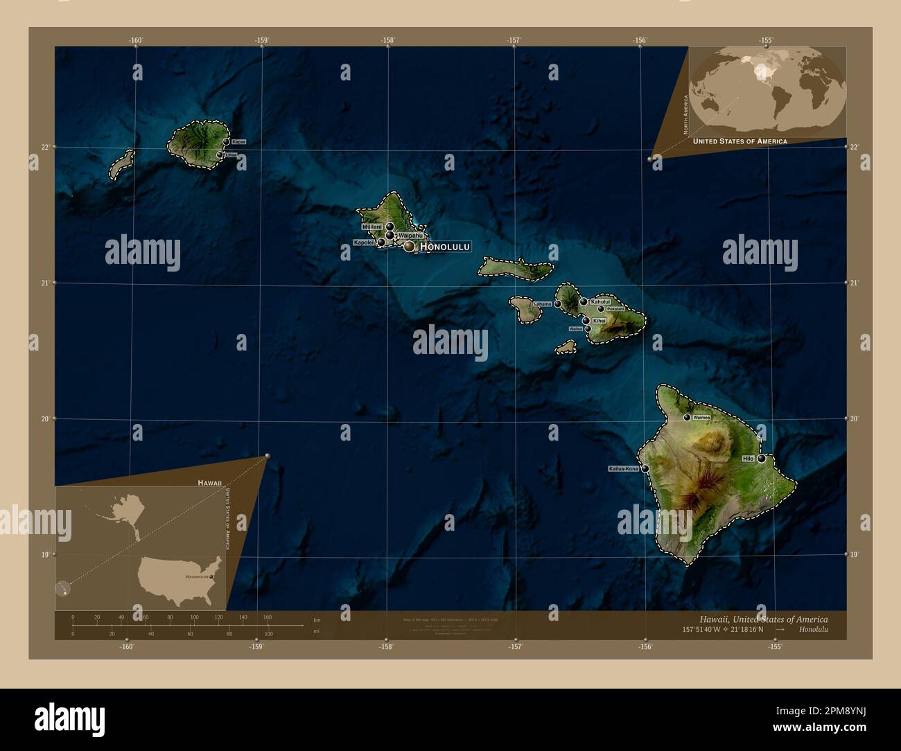 Hawaii, stato degli Stati Uniti d'America. Mappa satellitare a bassa risoluzione. Località e nomi delle principali città della regione. Posizione ausiliaria ad angolo Foto Stock