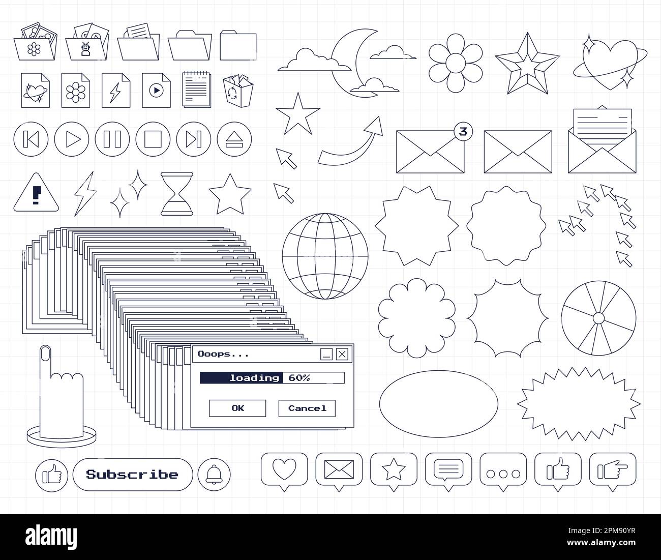 Set di adesivi e elementi nostalgici retro computer ui. Icone dell'interfaccia utente del vecchio PC 90s con un profilo. Finestra bloccata, caricamento, pulsanti, cartelle, a Illustrazione Vettoriale