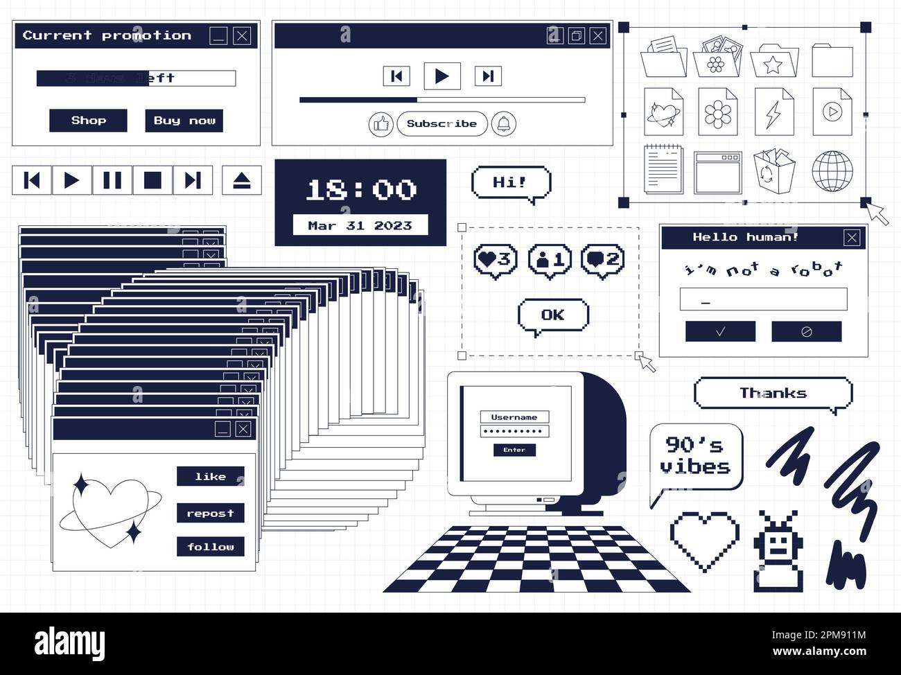 Un set di elementi di progettazione dell'interfaccia utente in stile retrò 80s, 90s. Vecchia estetica informatica. Icone e finestre vintage nostalgiche. Icone cartella, monitor, Illustrazione Vettoriale