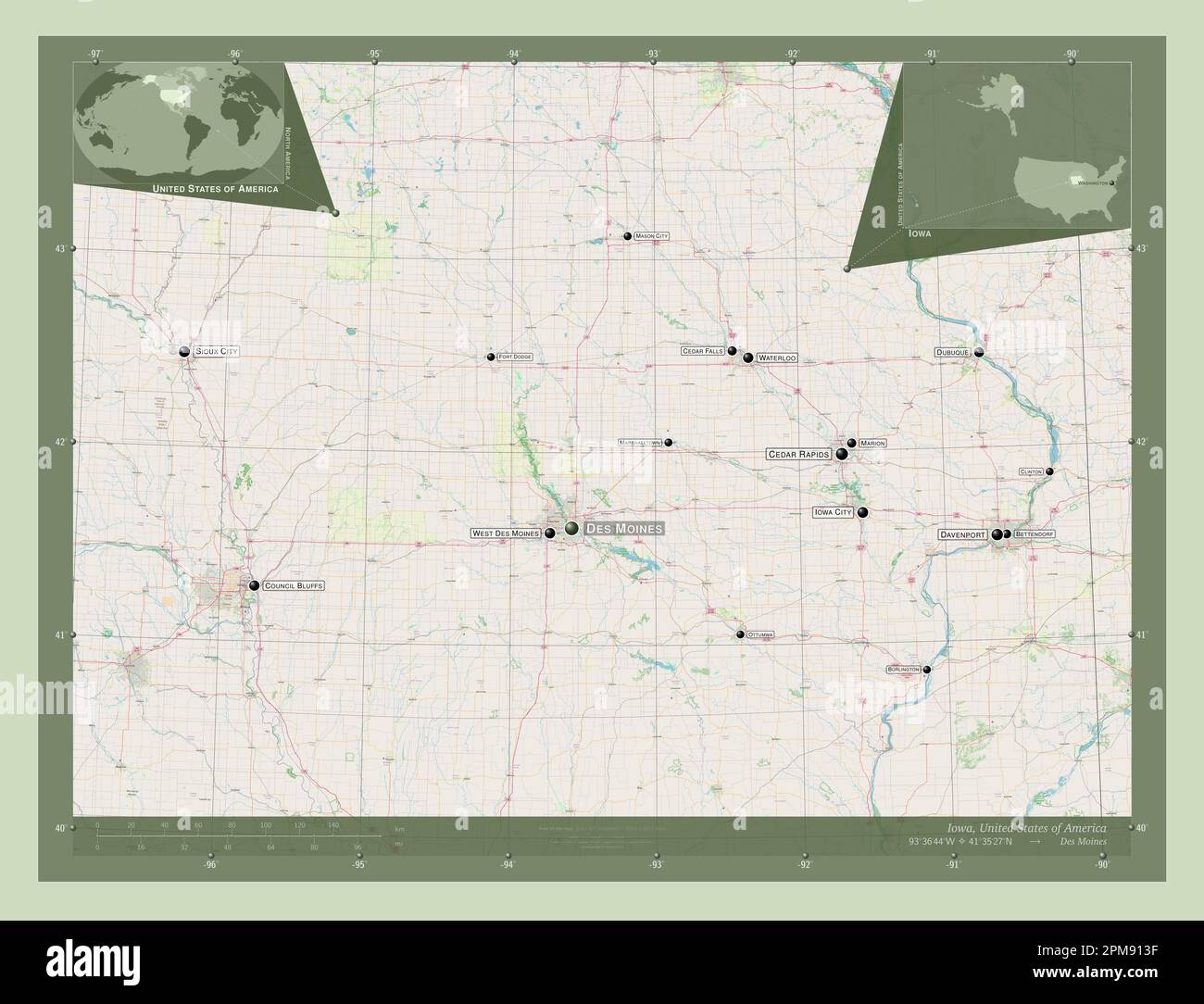 Iowa, stato degli Stati Uniti d'America. Aprire la mappa stradale. Località e nomi delle principali città della regione. Mappe delle posizioni ausiliarie degli angoli Foto Stock