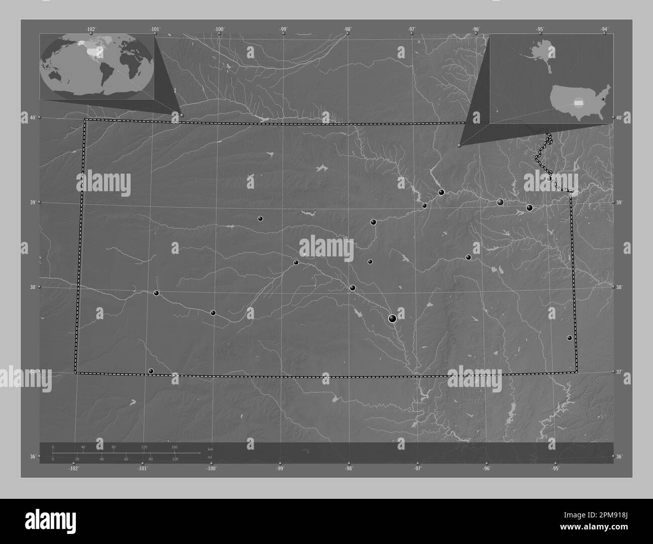 Kansas, stato degli Stati Uniti d'America. Mappa in scala di grigi con laghi e fiumi. Posizioni delle principali città della regione. Angolo ausiliario basso Foto Stock