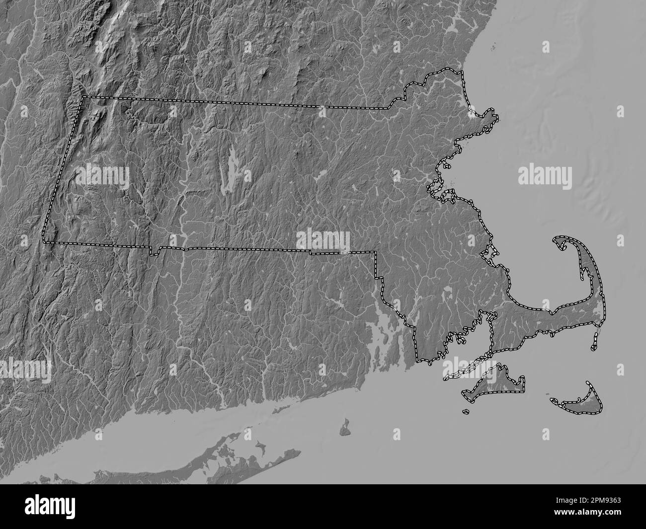 Massachusetts, stato degli Stati Uniti d'America. Mappa altimetrica bilivello con laghi e fiumi Foto Stock