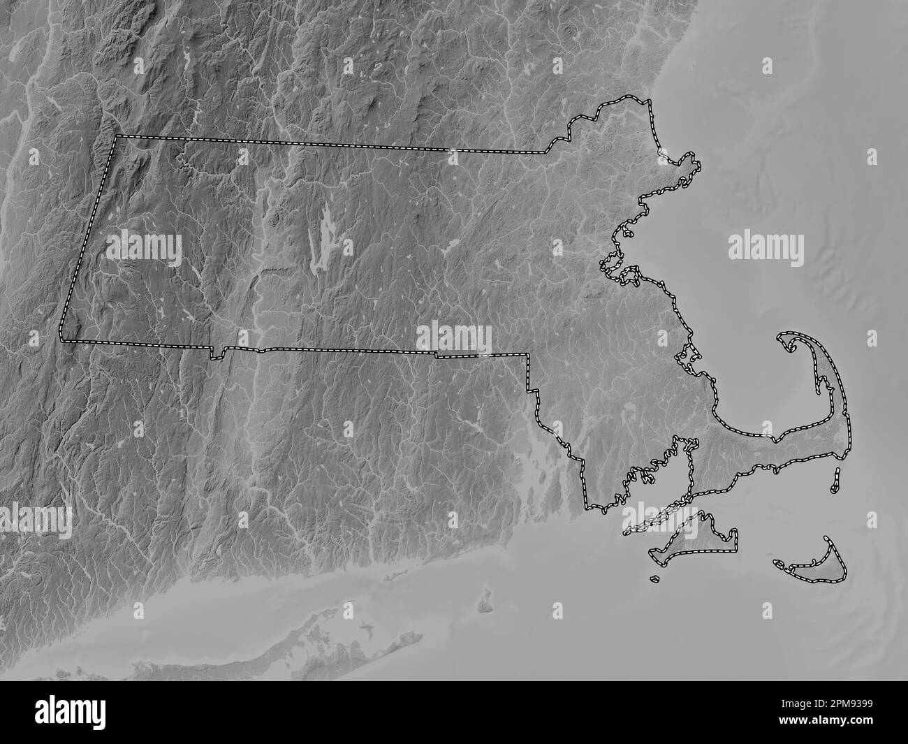 Massachusetts, stato degli Stati Uniti d'America. Mappa in scala di grigi con laghi e fiumi Foto Stock