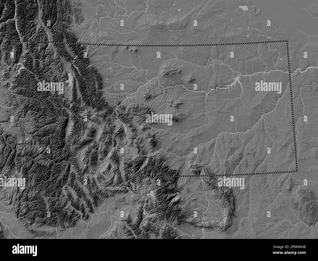 Montana, stato degli Stati Uniti d'America. Mappa altimetrica bilivello con laghi e fiumi Foto Stock
