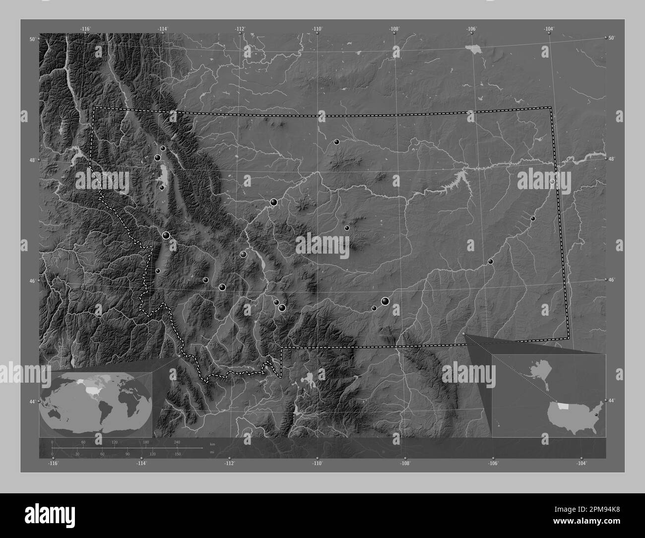 Montana, stato degli Stati Uniti d'America. Mappa in scala di grigi con laghi e fiumi. Posizioni delle principali città della regione. Ausiliario angolo l Foto Stock