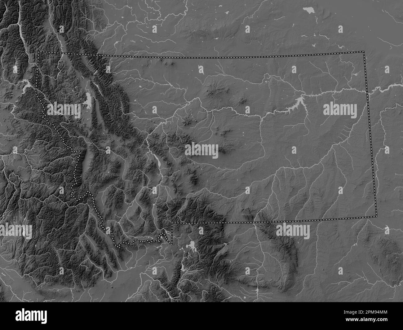 Montana, stato degli Stati Uniti d'America. Mappa in scala di grigi con laghi e fiumi Foto Stock