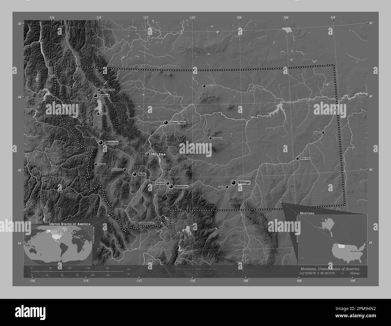 Montana, stato degli Stati Uniti d'America. Mappa in scala di grigi con laghi e fiumi. Località e nomi delle principali città della regione. Angolo a Foto Stock