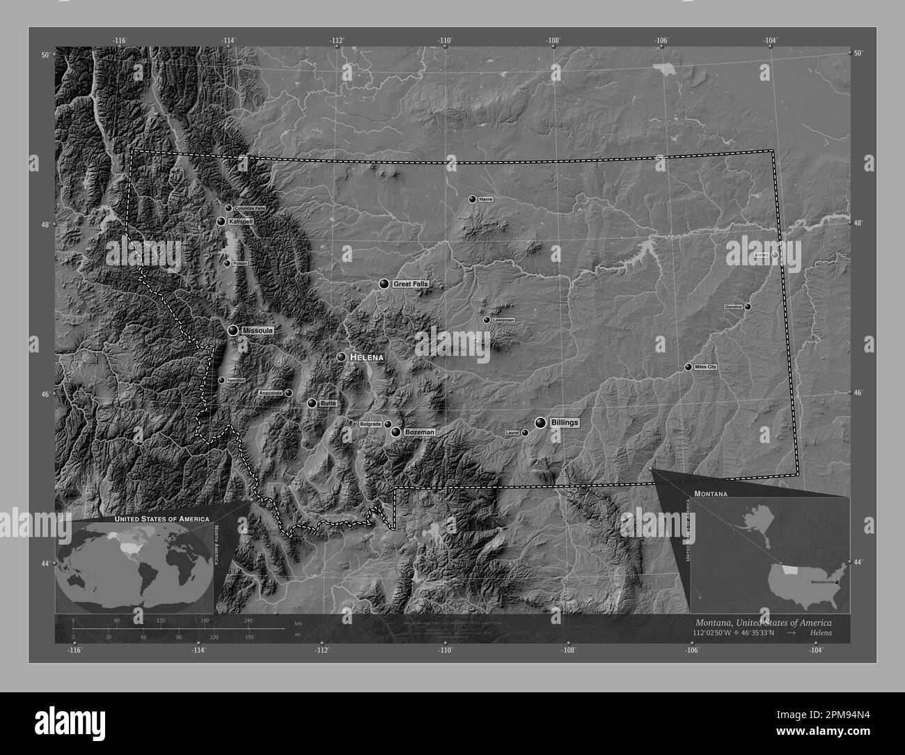 Montana, stato degli Stati Uniti d'America. Mappa altimetrica bilivello con laghi e fiumi. Località e nomi delle principali città della regione. Aux. D'angolo Foto Stock