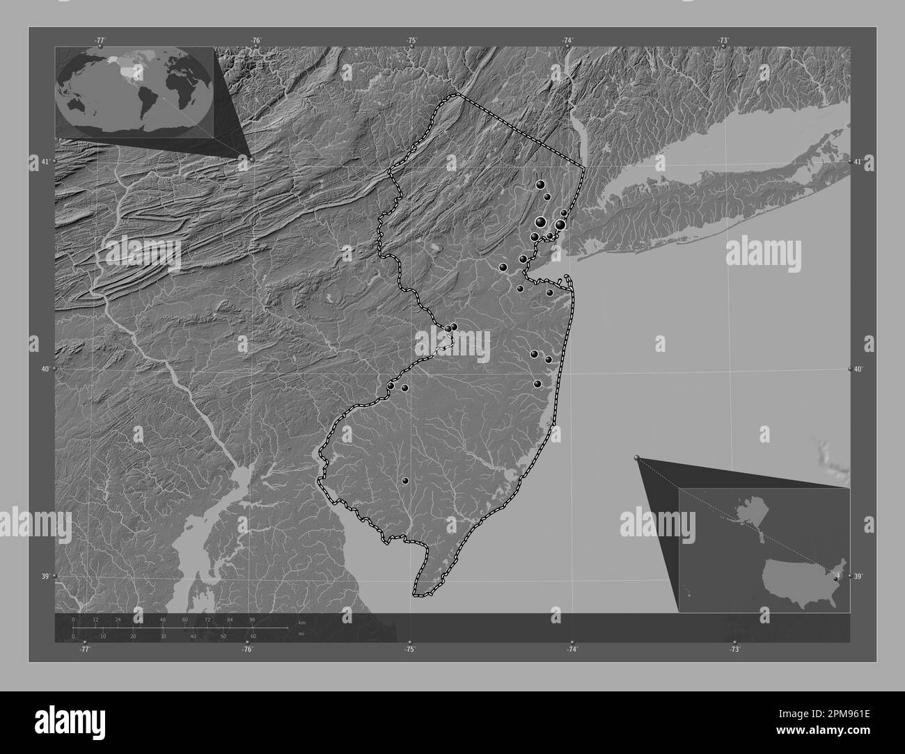 New Jersey, stato degli Stati Uniti d'America. Mappa altimetrica bilivello con laghi e fiumi. Posizioni delle principali città della regione. Angolo ausiliario Foto Stock