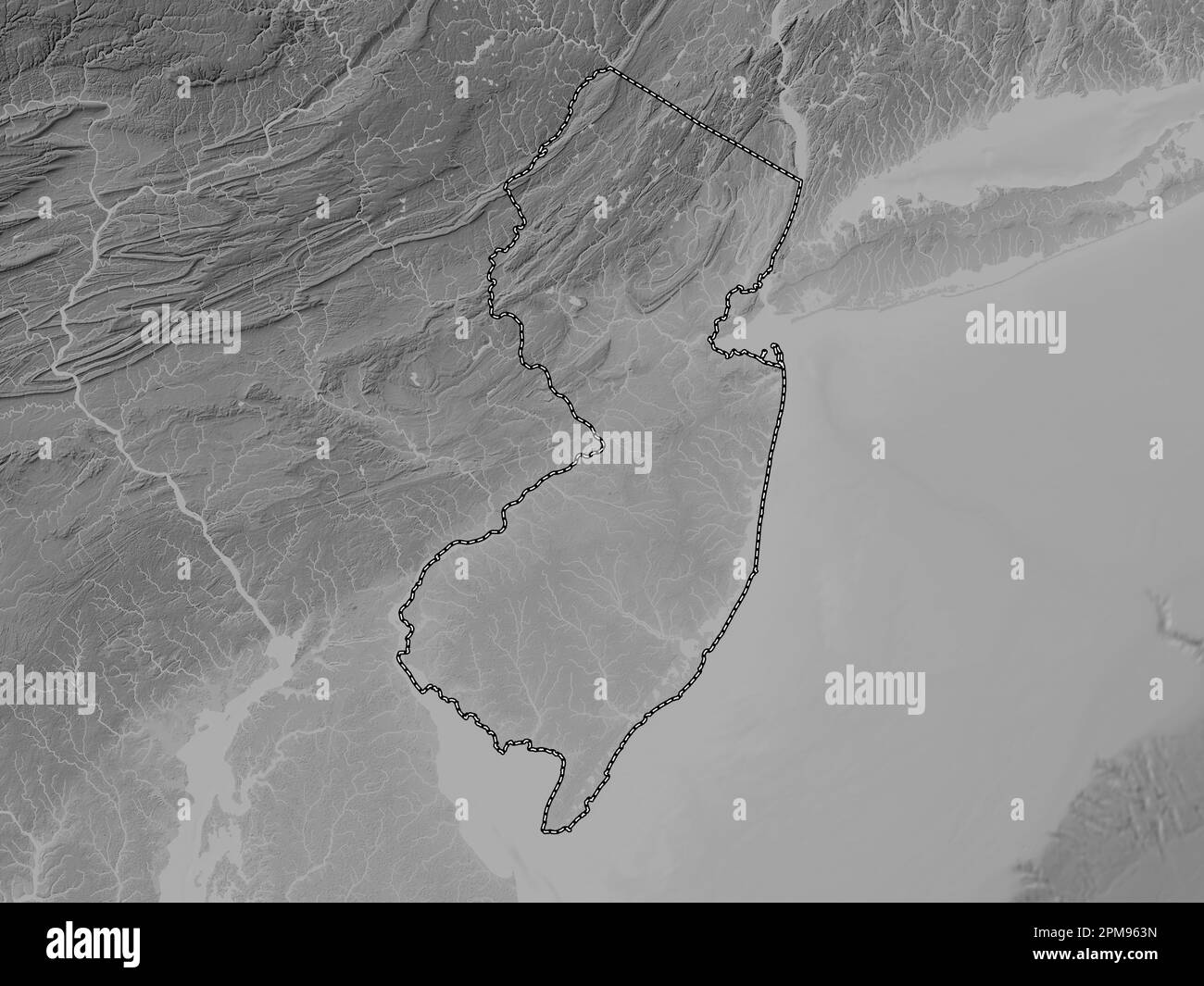 New Jersey, stato degli Stati Uniti d'America. Mappa in scala di grigi con laghi e fiumi Foto Stock