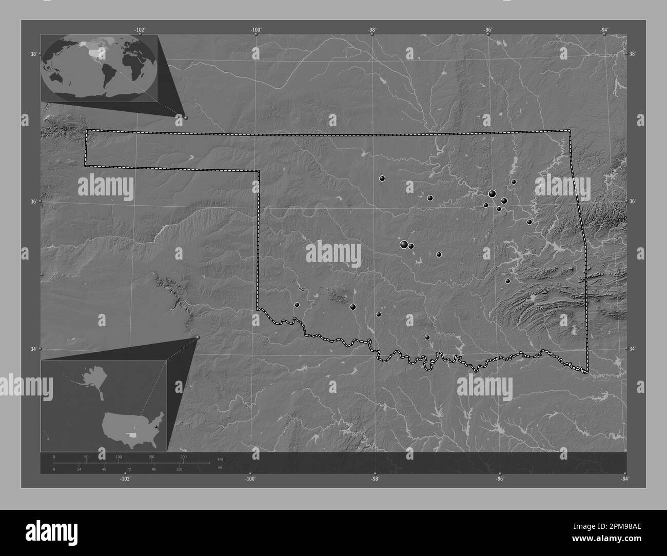 Oklahoma, stato degli Stati Uniti d'America. Mappa altimetrica bilivello con laghi e fiumi. Posizioni delle principali città della regione. Angolo ausiliario basso Foto Stock