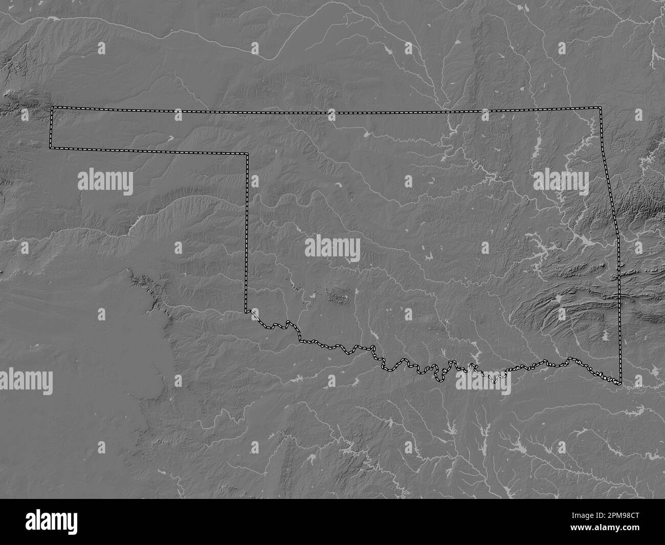 Oklahoma, stato degli Stati Uniti d'America. Mappa altimetrica bilivello con laghi e fiumi Foto Stock